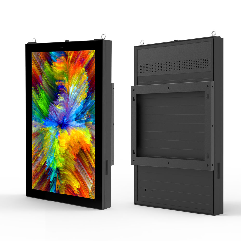 Sinalização digital LCD montada na parede externa de um lado de 65"