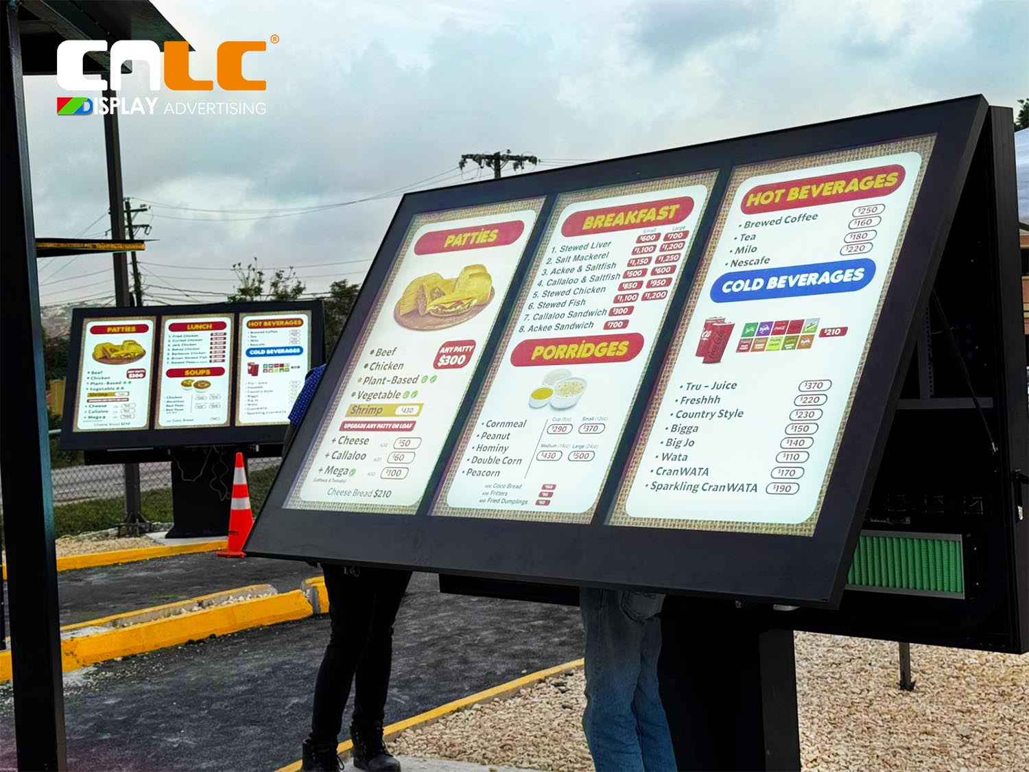Outdoor digital menu board in real project operation