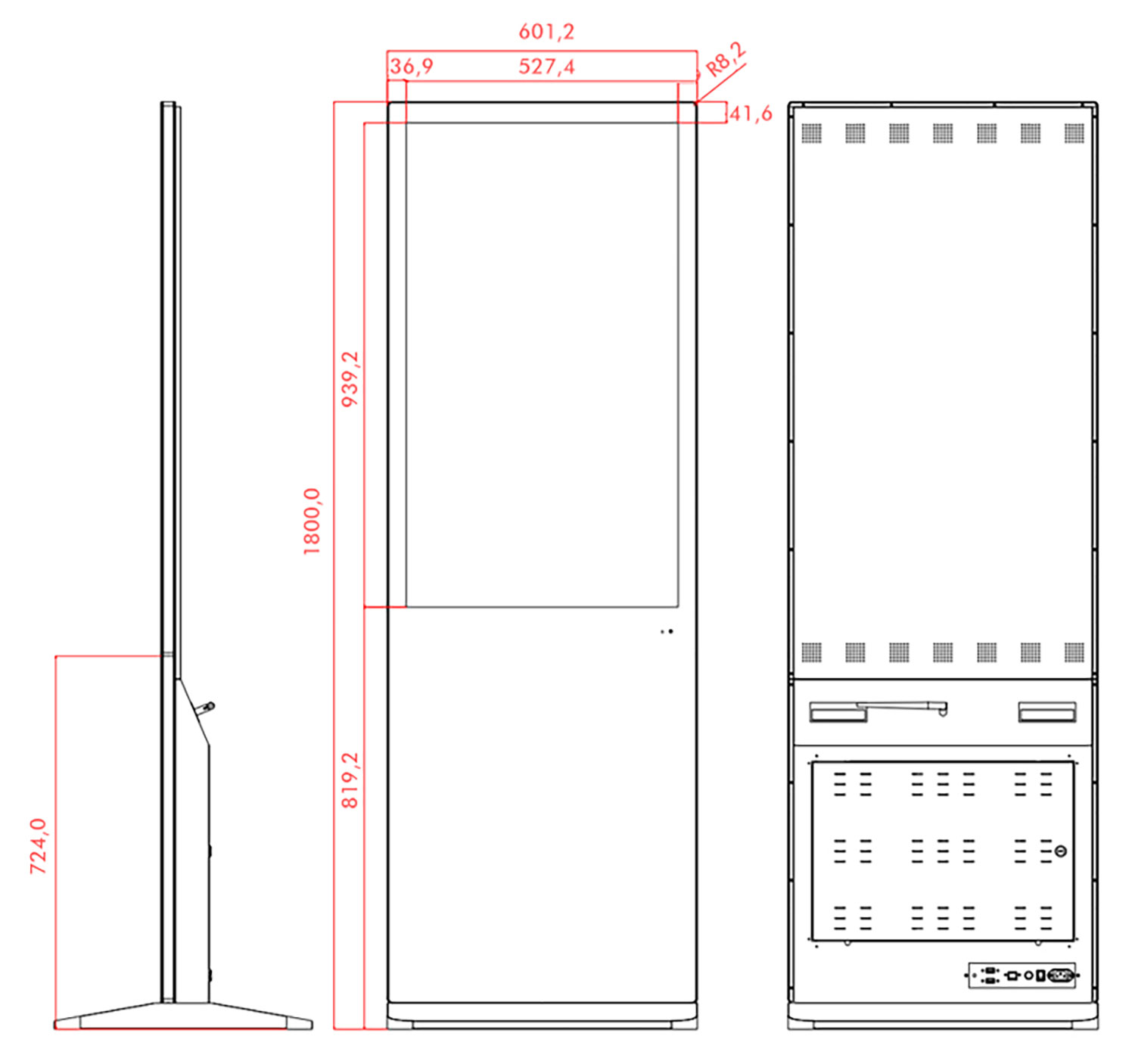 Indoor LCD display size and dimension chart for installation reference.