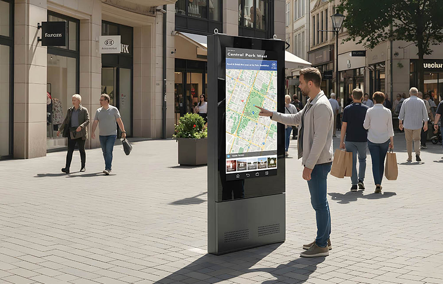 Outdoor digital signage advertising display installed in a commercial street environment