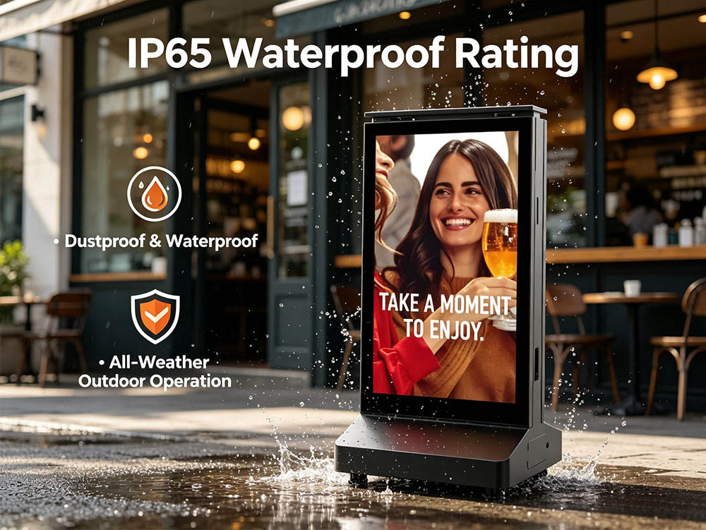IP65 weatherproof portable LCD display designed for outdoor advertising in various weather conditions