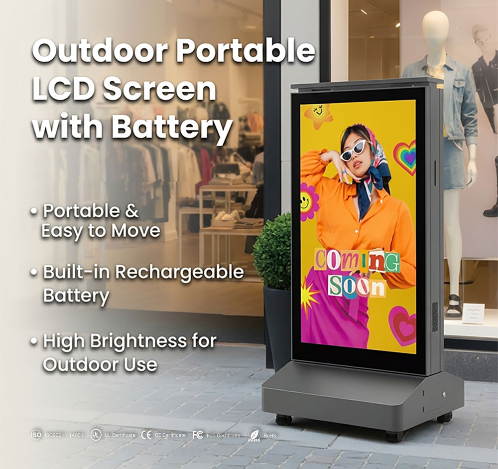 Portable battery-powered digital signage placed outside a retail store to attract customers and promote products