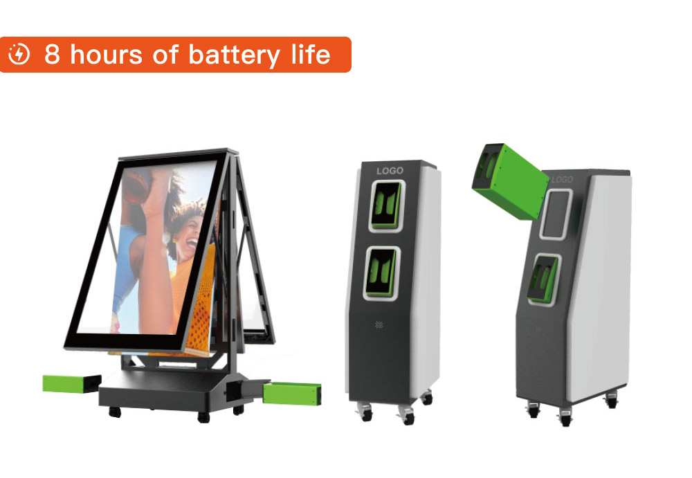 Portable battery-powered display with removable battery and dedicated charging station for continuous operation
