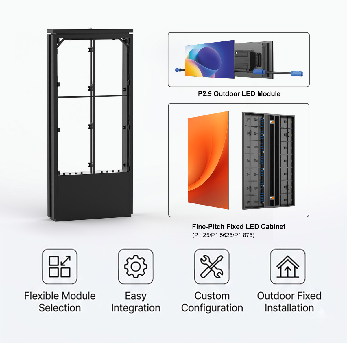 Multiple LED Display Technologies for Enclosure Integration Modular LED display enclosure compatible with fine pitch cabinets and P2.9 LED modules