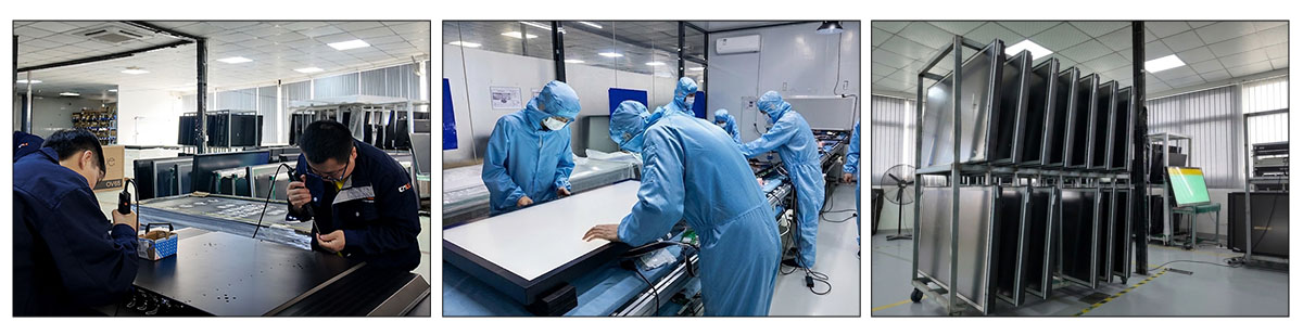 CNLC factory production line assembling outdoor high brightness LCD digital signage displays with industrial quality control and LG panel integration