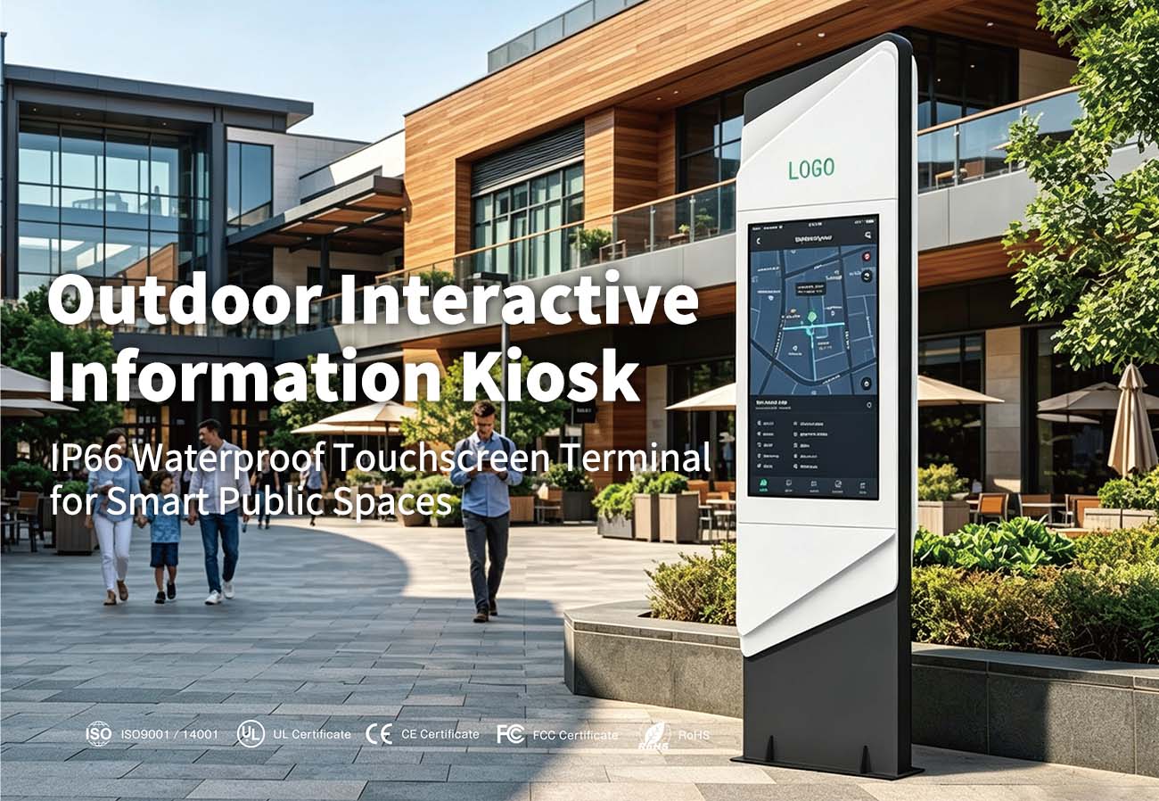 Outdoor Smart Information Kiosk for Public Spaces outdoor information kiosk, smart city kiosk, interactive touchscreen terminal, public information display