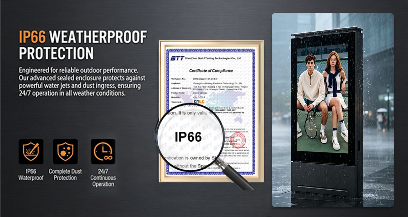 IP65 Outdoor LED Totem Built for All-Weather Digital Signage Outdoor LED signage operating in heavy rain with IP65 waterproof protection