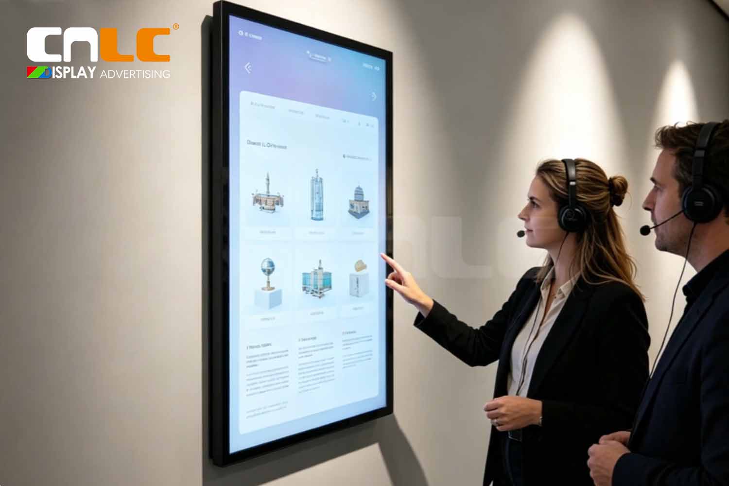 Procura um ecrã interativo profissional para aplicações empresariais em espaços interiores?