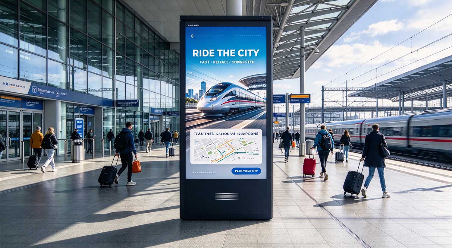 Outdoor Digital Totem Display for Public Spaces Freestanding outdoor digital advertising totem installed in a public plaza for urban DOOH applications
